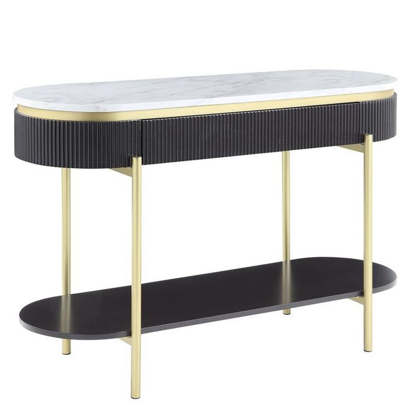Ville 48 Inch Oblong Sofa Console Table, White Faux Marble Top, Reeded Edge-Benzara