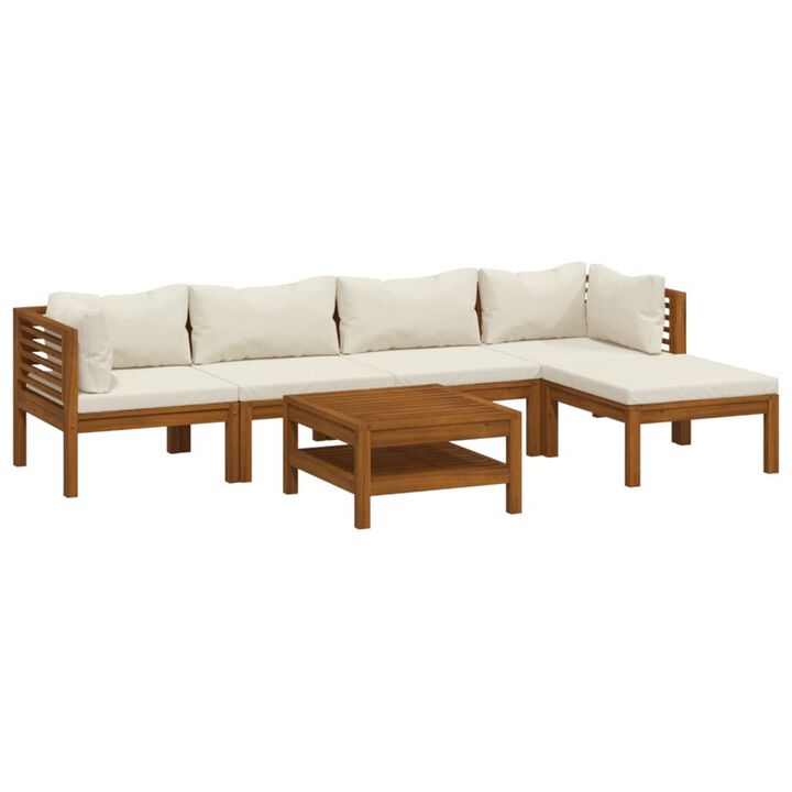 6pc Outdoor Modular Sofa Set, Coffee Table, Ivory, Brown Acacia Wood - Benzara