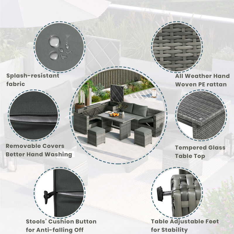 Outdoor 6-Piece All Weather PE Rattan Sofa Set, Garden Patio Wicker Sectional Furniture Set with Adjustable Seat, Storage Box, Removable Covers and Tempered Glass Top Table,Grey