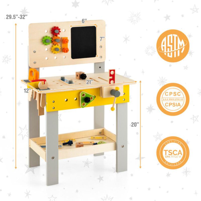 Hivvago Wooden Pretend Play Workbench Set with Blackboard for Toddlers Ages 3+