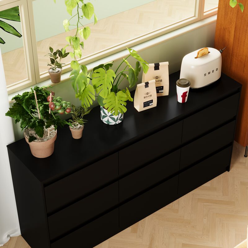 FUFU&GAGA  Modern Black 9-Drawer Dresser with Ample Storage for Bedroom and Living Room (63" W x 31.5" H x 15.7" D) Black