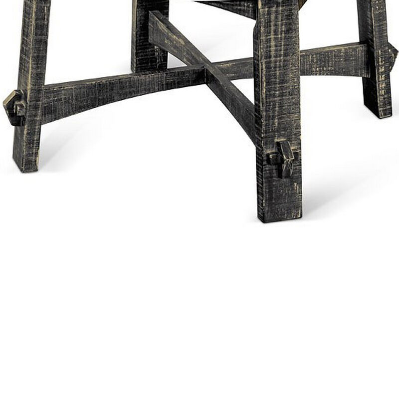 Rena Coffee Table, 36 Inch Round Top, Distressed Rustic Black Wood - Benzara