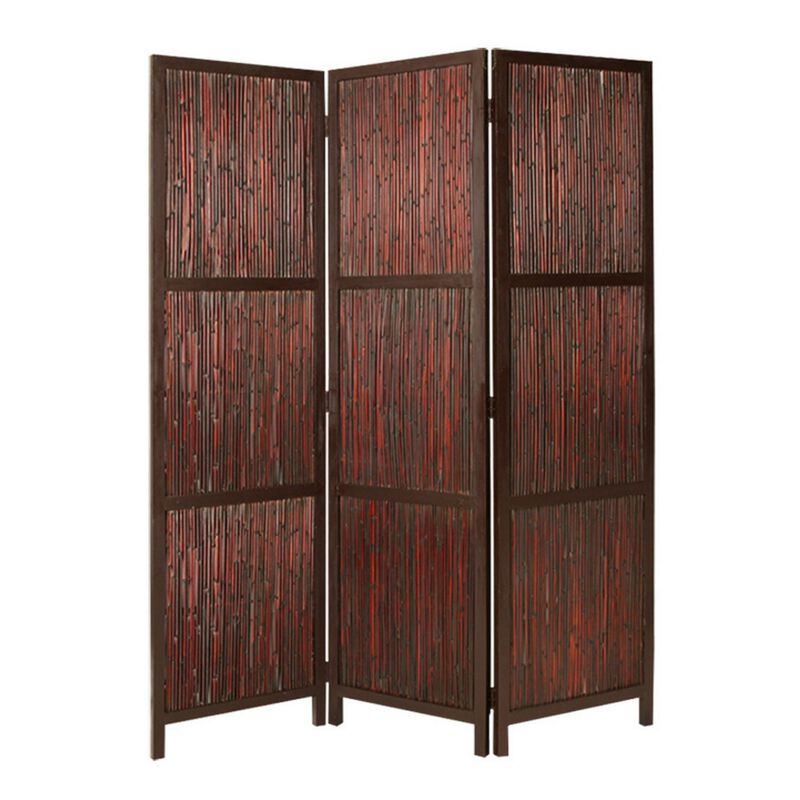 72 Inch 3 Panel Privacy Screen, Hardwood Frame, Bamboo Strips, Brown, Red-Benzara