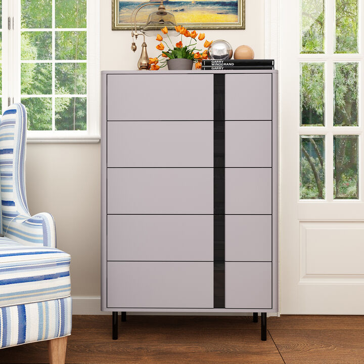 FUFU&GAGA Modern Gray Dresser with 5 Drawers, P2 MDF with Black Glass Accents (31.5" W x 47.2" H x 15.7" D), Gray