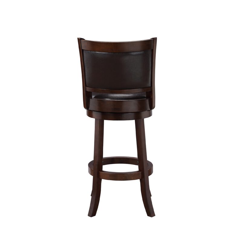 Pal 29 Inch Swivel Bar Stool, Solid Wood, Rich Faux Leather, Espresso Brown - Benzara