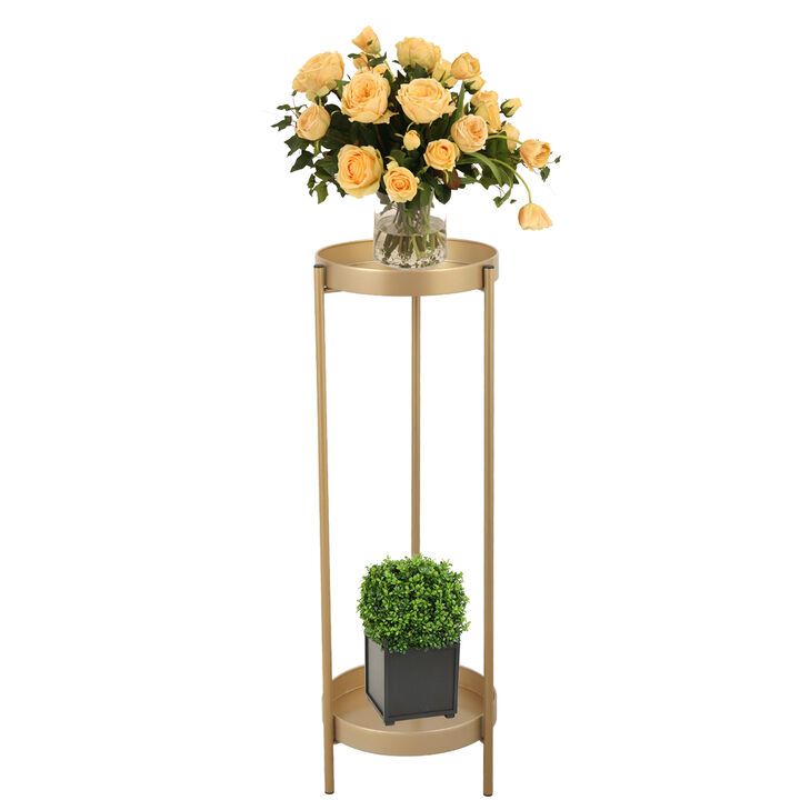 31.5�H Modern Folding Metal 2-Tier Plant Stand Potted Plant Holder Shelf with 2 Round Trays, Indoor Outdoor, Versatile, Golden
