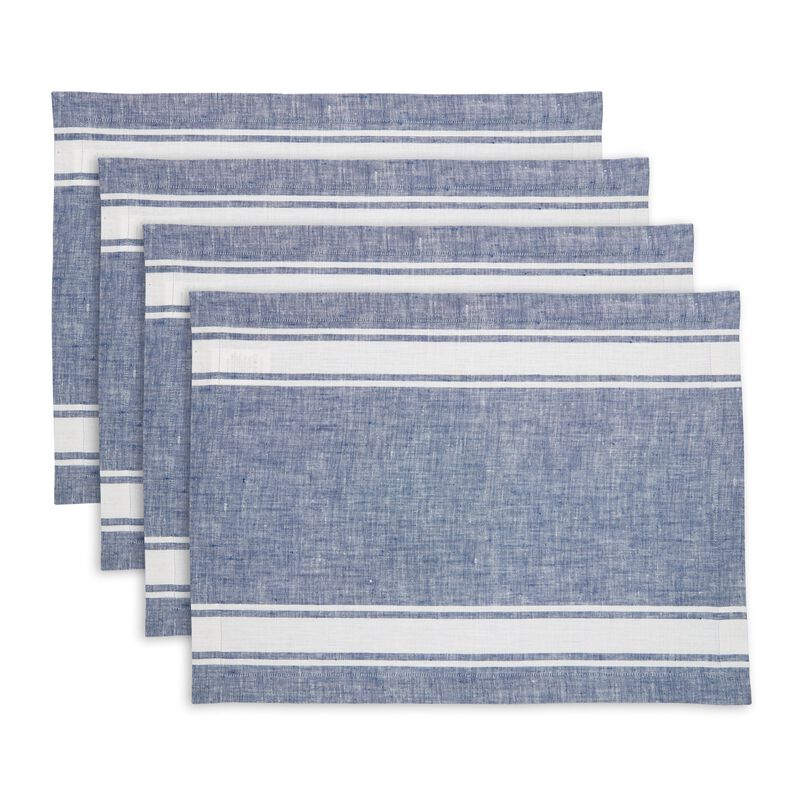 Solino Home 100% Pure Linen Stripe Placemats 14 x 19 Inch Set of 4 | Farmhouse Stripe