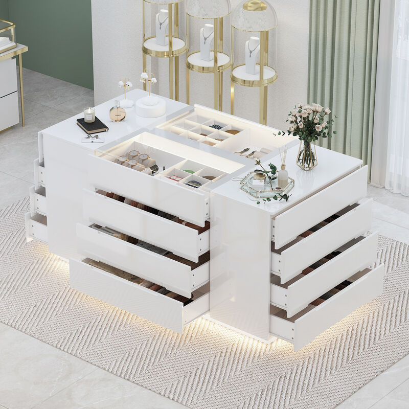 Armoire Bedroom Island with LED Light, Glass Tabletop & Storage Organizer, Wardrobe Closet with 16 Handle-Less Drawers, Walk-in Closet Island Dresser for Bedroom Shops, White