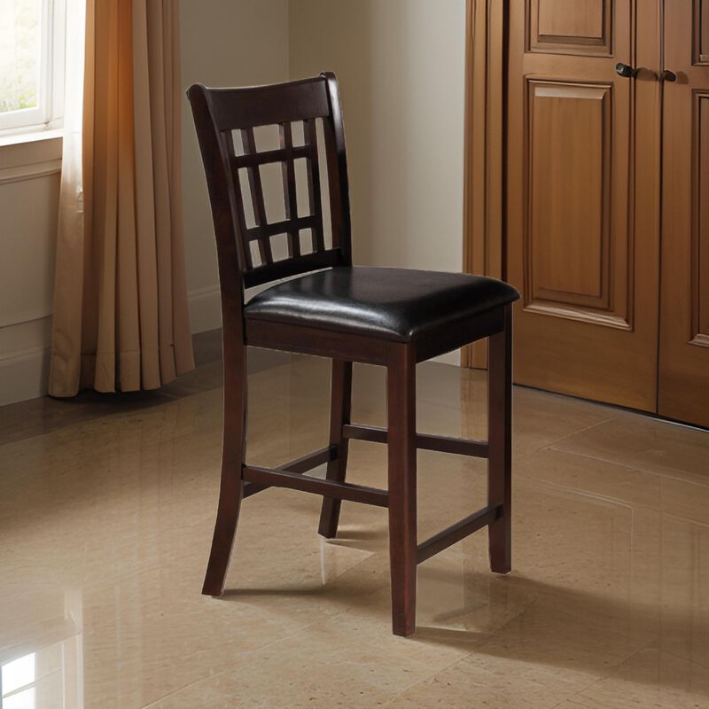 41 Inch Wood Counter Height Chair, Leatherette Seat, Dark Brown, Set of 2-Benzara