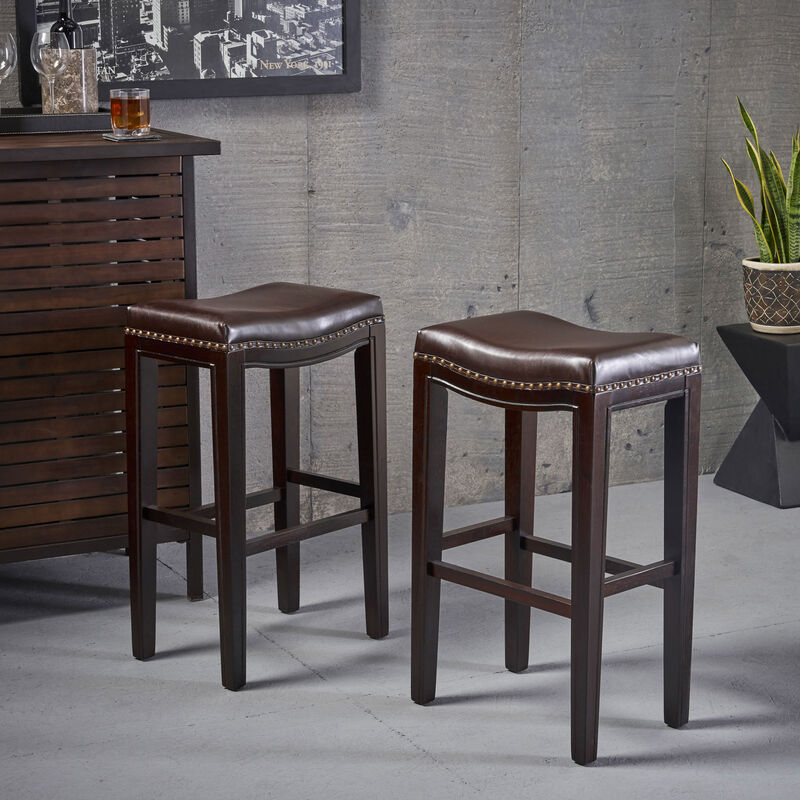 Modern Backless Bonded Leather and Rubberwood Barstool (Set of 2)