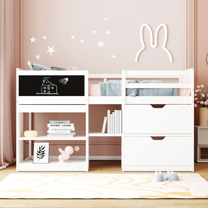 Merax Low Loft Bed with Rolling Desk and Drawers