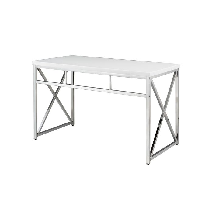 Gracie 47 Inch Desk, White Rectangular Top, Metal Legs in Chrome Finish - Benzara
