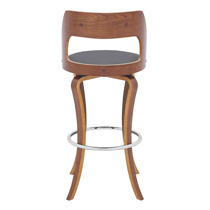 Grady Swivel Gray Faux Leather and Walnut Wood Bar Stool