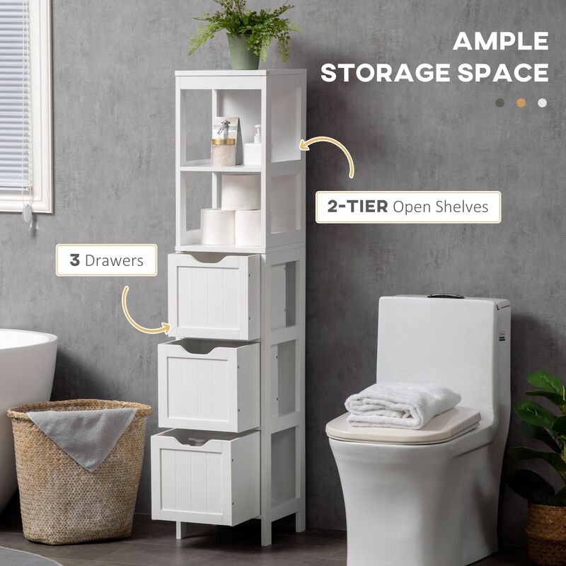 White Bathroom Tower: Slim Cabinet with 3 Drawers and 2-Tier Shelf