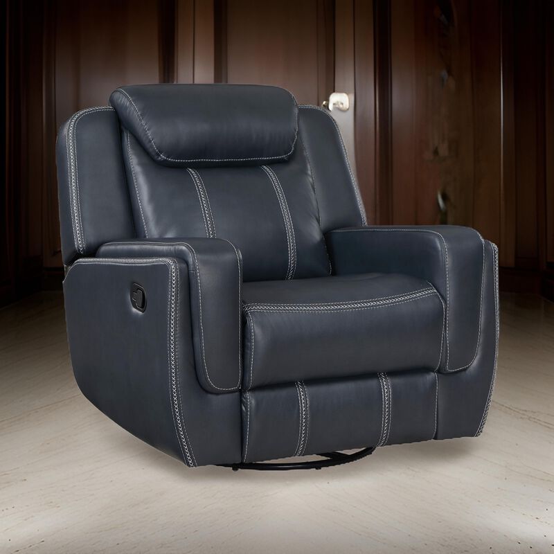 Louise 40 Inch Swivel Glider Manual Recliner Chair, Blue Faux Leather - Benzara