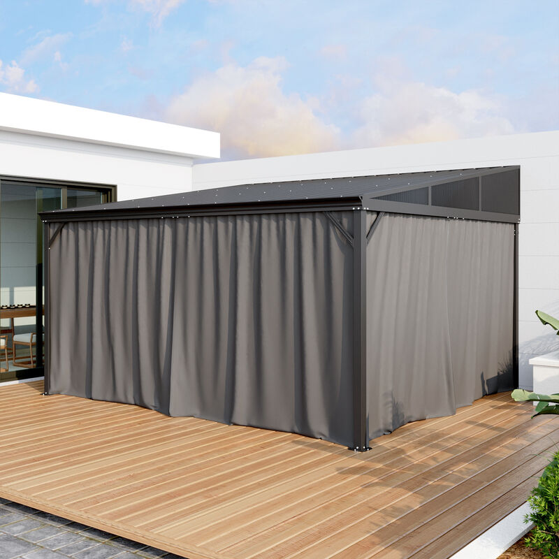FUFU&GAGA Black Patio Lean-to Gazebo – Wall-Mounted Gazebo with Galvanized Steel Roof, Aluminum Frame, Mosquito Netting & Curtains, (165.7" L x 142.8" W x 103.4" H), Black