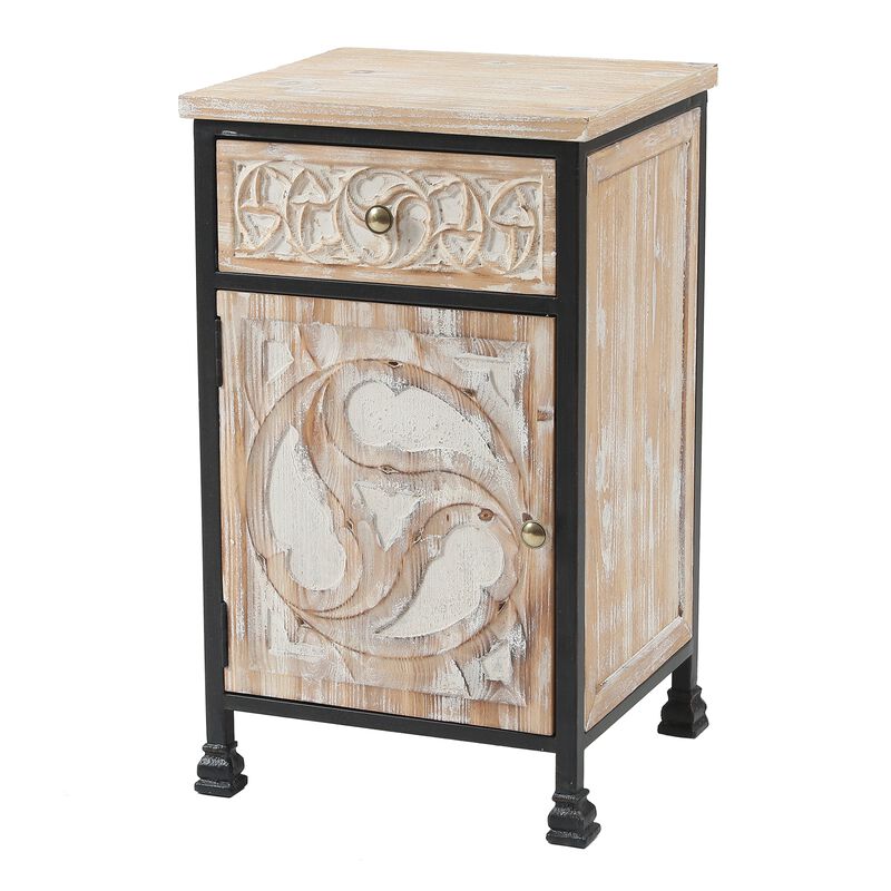 LuxenHome Black Metal Frame and Carved Wood 1-Door 1-Drawer End Table with Storage
