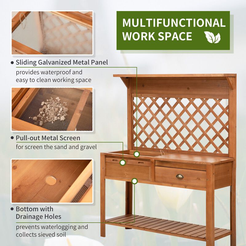 Garden Workstation: Wooden Potting Bench with Metal Screen and Storage