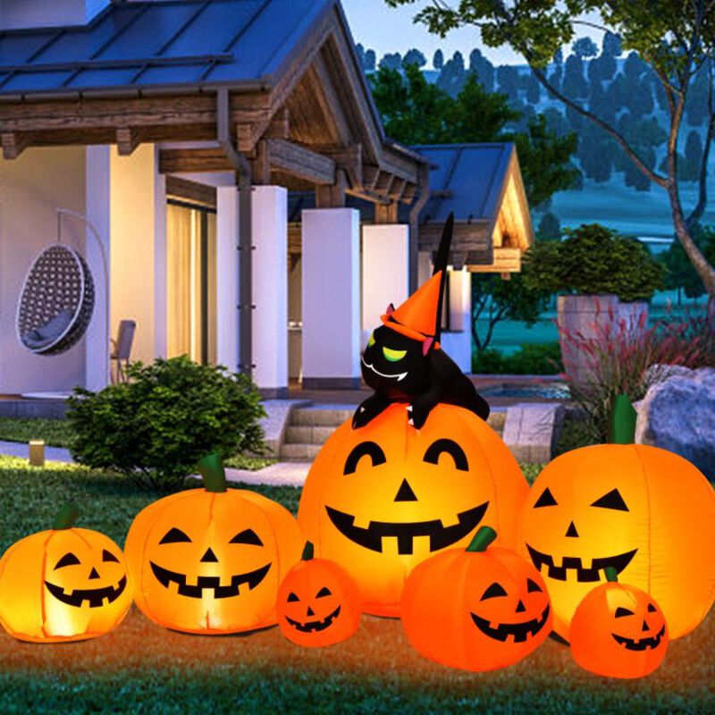Hivvago Halloween 7.5 Feet Inflatable Pumpkin Combo with Witch Black Cat