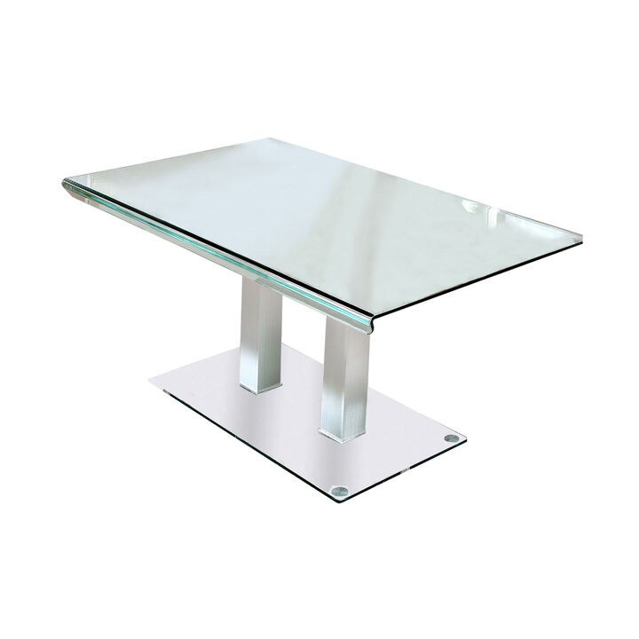 Metal and Glass Dining table with Dual Post Pedestal base, Chrome - Benzara