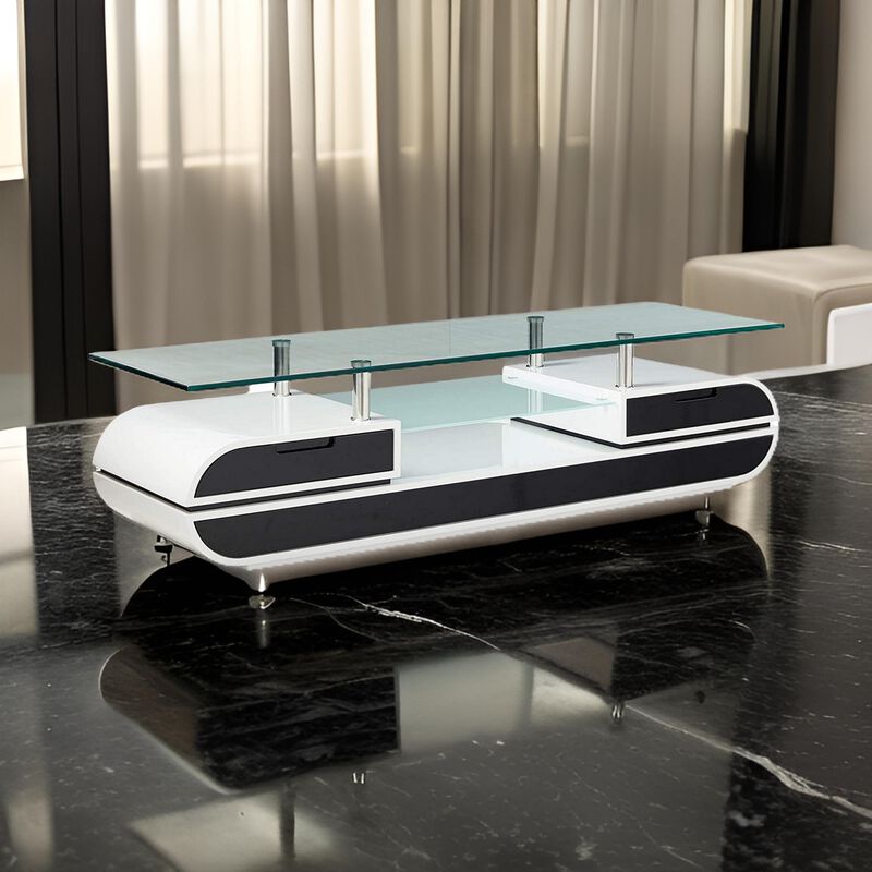 63 Inch TV Entertainment Console, Glass Top, Chrome Posts, Black, White - Benzara