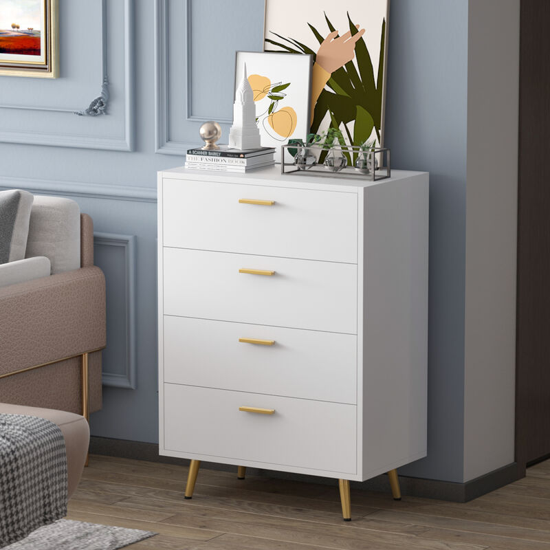4-Drawers White Wood Chest of Drawer Accent Storage Cabinet Organizer with Metal Leg 37.5 in. Height