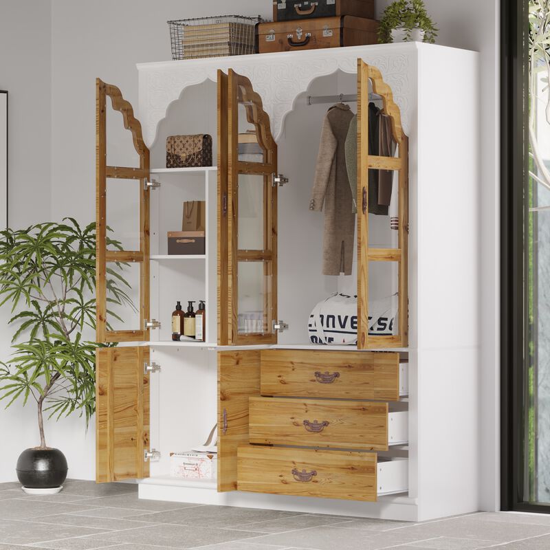 75.7 in. H Paint Finish Wooden Accent Storage Cabinet in Brown and White, Rustic Style, With Glass Doors and-Drawers