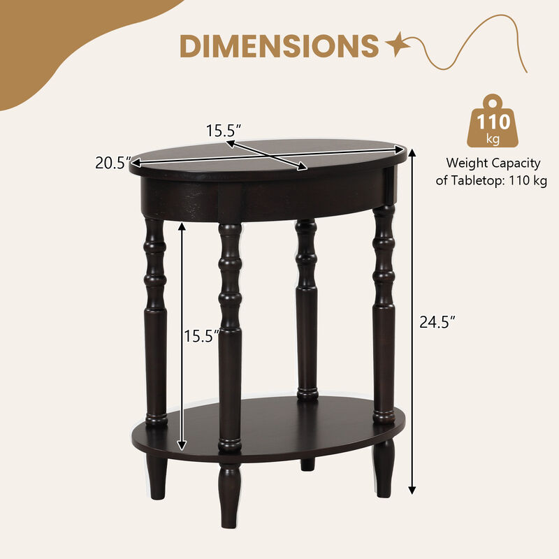 2-Tier Oval Side Table with Storage Shelf and Solid Wood Legs