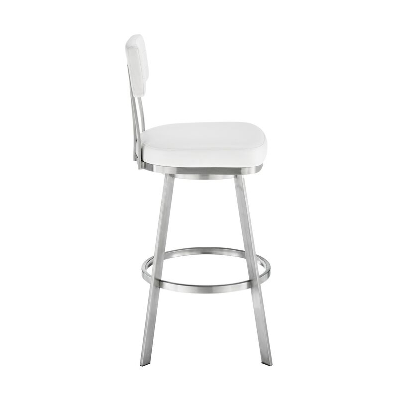 Poni 30 Inch Swivel Barstool Chair, Cushioned Seating, White Faux Leather - Benzara