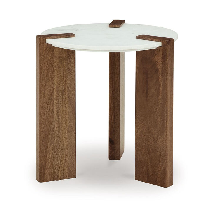 Wrenn Side End Table, Round White Marble Top, 20 Inch Brown Mango Wood - Benzara