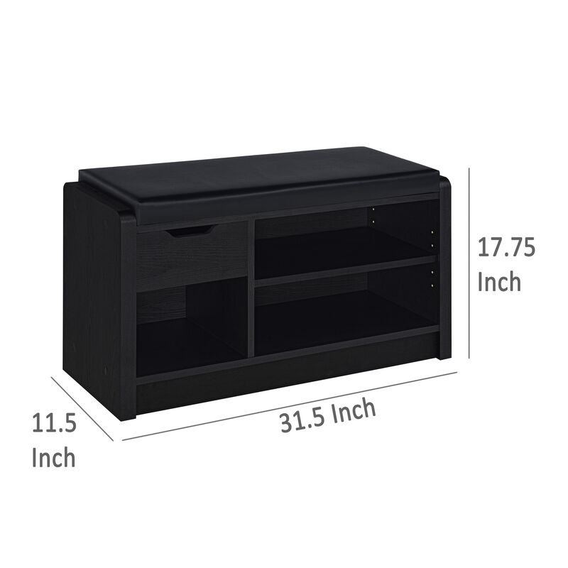 Aryn Storage Bench with Adjustable Shelf, Black Faux Leather, Black - Benzara