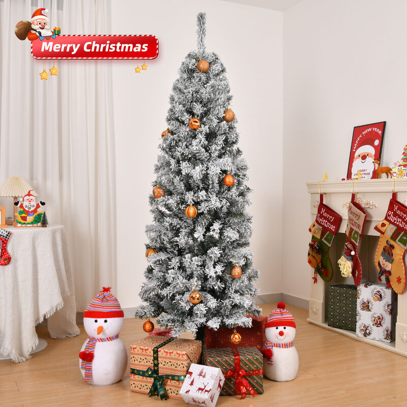 Snowy Flocked Pencil Christmas Tree with 320 Branch Tips and Metal Stand