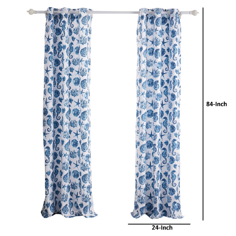 Riga 84 Inch Window Curtains, Blue Seashells Print, Microfiber, Rod Pockets - Benzara