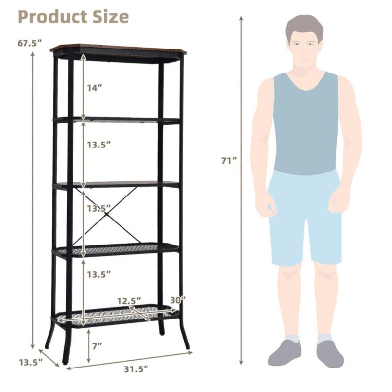 Hivvago Industrial 5-Layer Bookshelf with Out-Stretched Legs-Rustic Brown