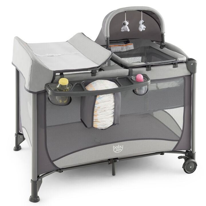 5-in-1 Portable Baby Playard with Cradle and Storage Basket
