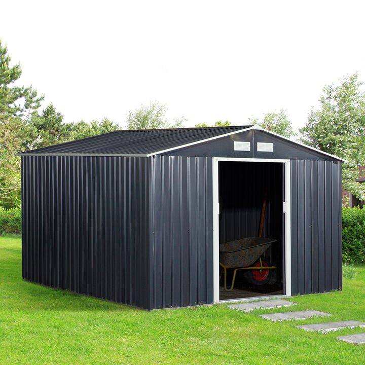 Dark Gray Garden Vault: 11'x9' Metal Storage Shed with Sliding Doors