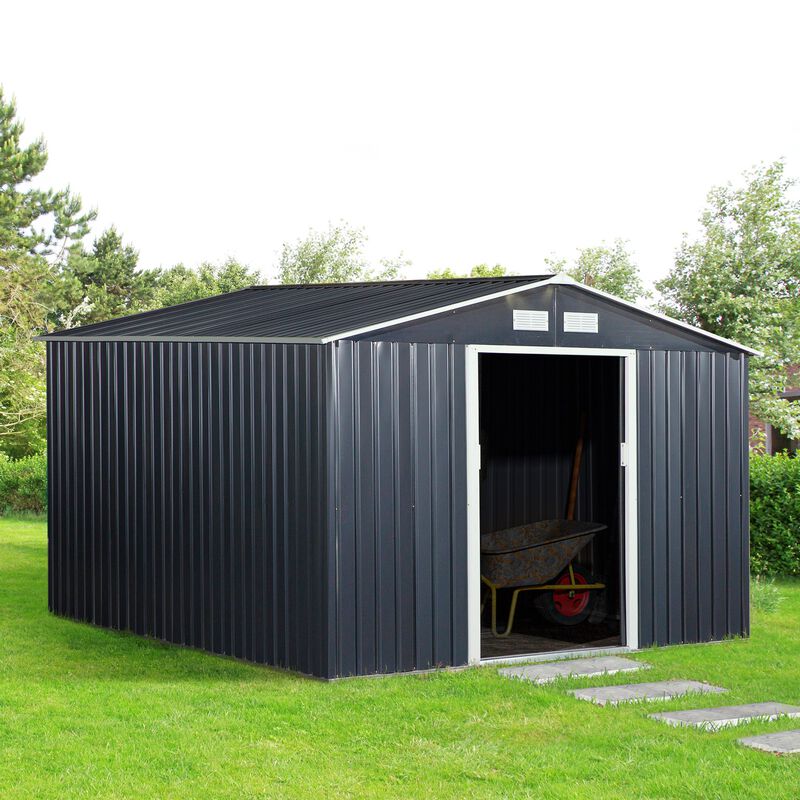 Dark Gray Garden Vault: 11'x9' Metal Storage Shed with Sliding Doors