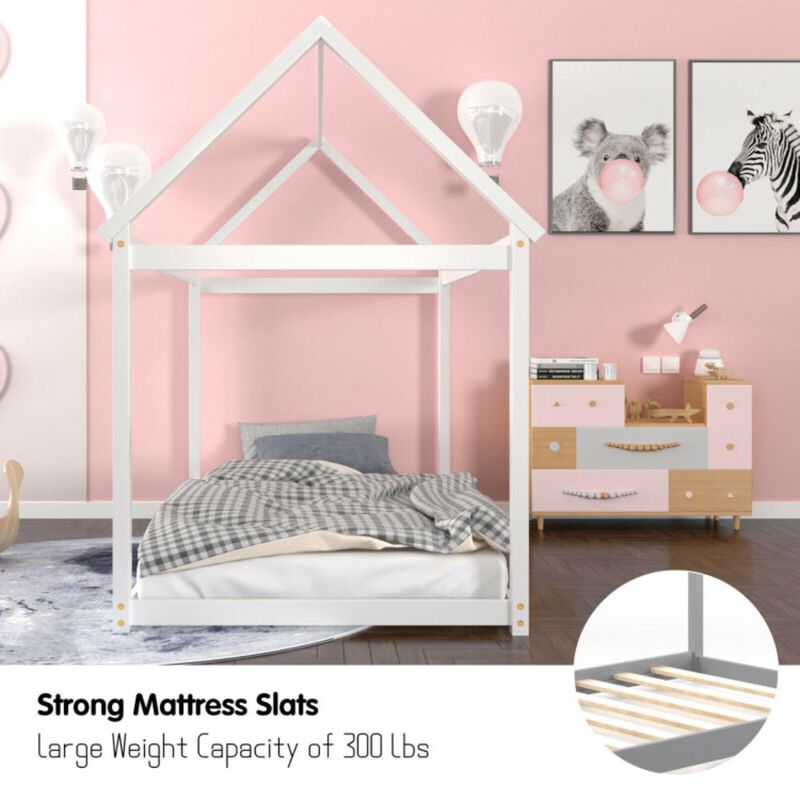 Hivvago Twin Size Kids House Bed Wood Frame with Roof