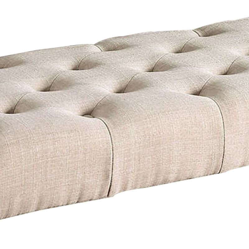 20 Inch Button Tufted Wooden Bench, Antique Black and Beige-Benzara