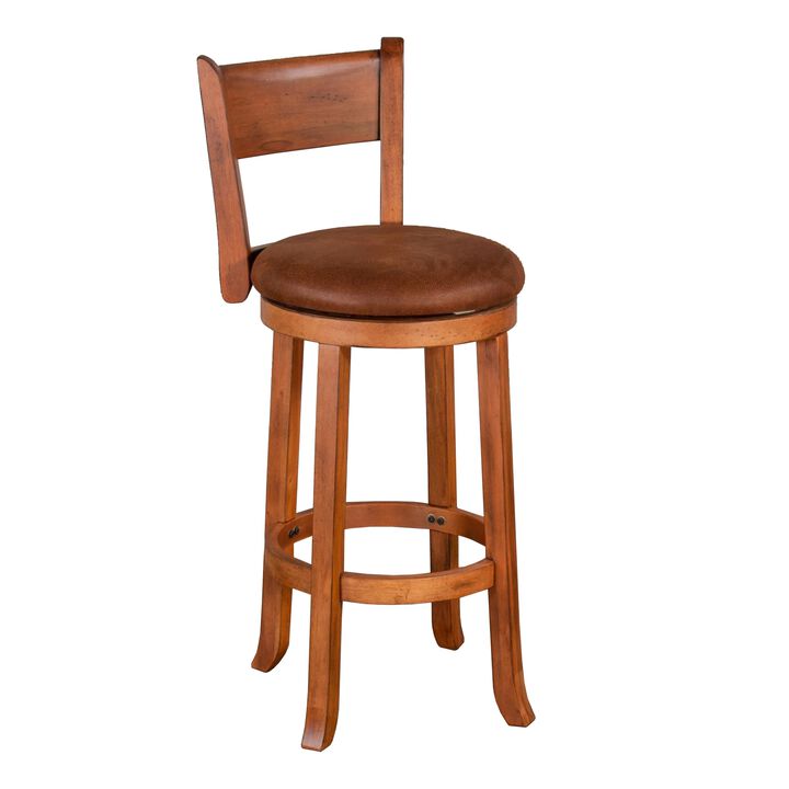Marv Swivel Barstool Chair Set of 2, Brown Faux Leather, Mahogany Wood - Benzara