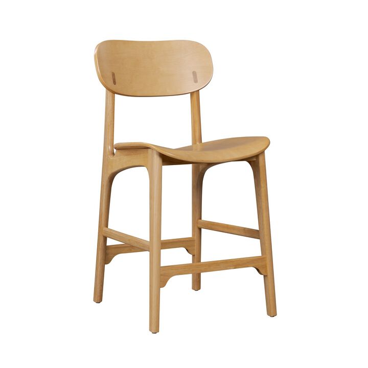 Seln 24 Inch Counter Stool Chair, Curved Seat, Open Back, Light Brown Wood - Benzara