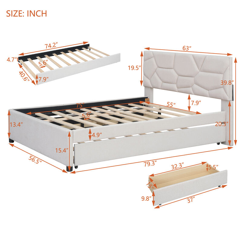 Merax Upholstered Platform Bed with Brick Pattern Headboard, with Twin XL Size Trundle and 2 drawers, Linen Fabric
