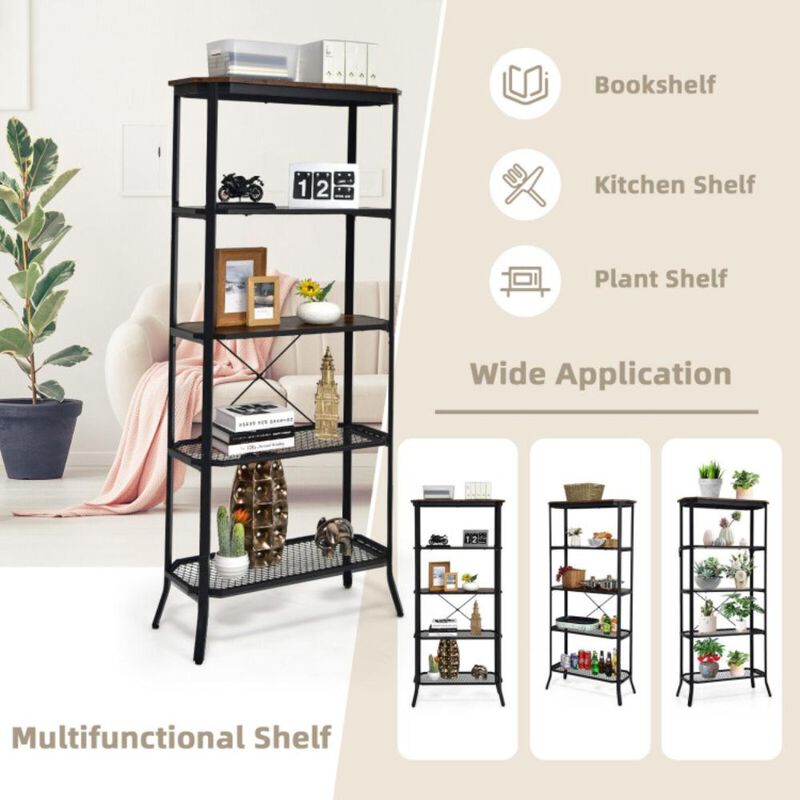 Hivvago Industrial 5-Layer Bookshelf with Out-Stretched Legs-Rustic Brown
