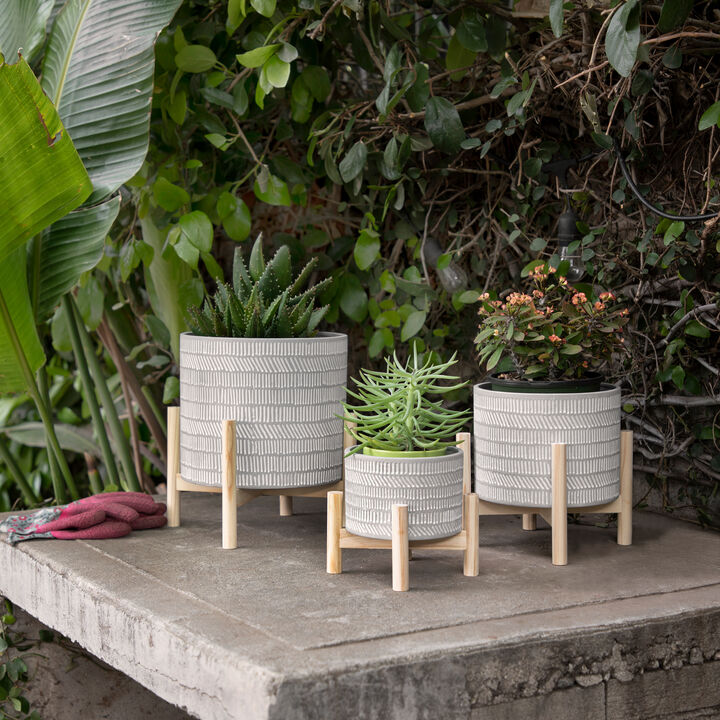 6" Ceramic Tribal Planter with Wood Stand, Beige