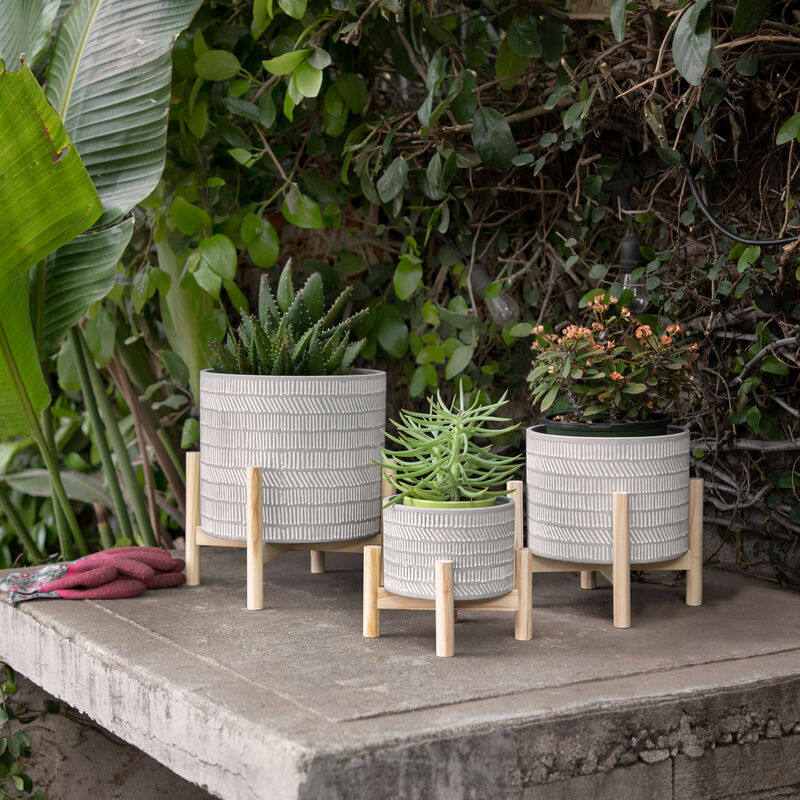6" Ceramic Tribal Planter with Wood Stand, Beige