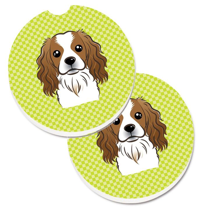 Caroline's Treasures Checkerboard Lime green Cavalier Spaniel Set of 2 Cup Holder Car Coasters BB1286CARC, 2.56, Multicolor