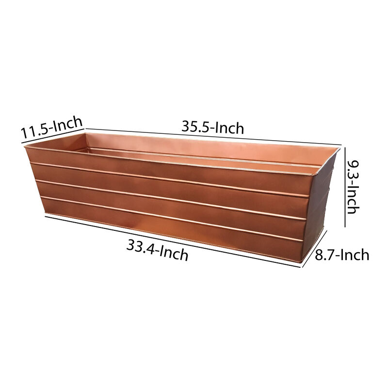 Rectangular Metal Flower Planter Box with Embossed Line Design, Large, Copper - Benzara