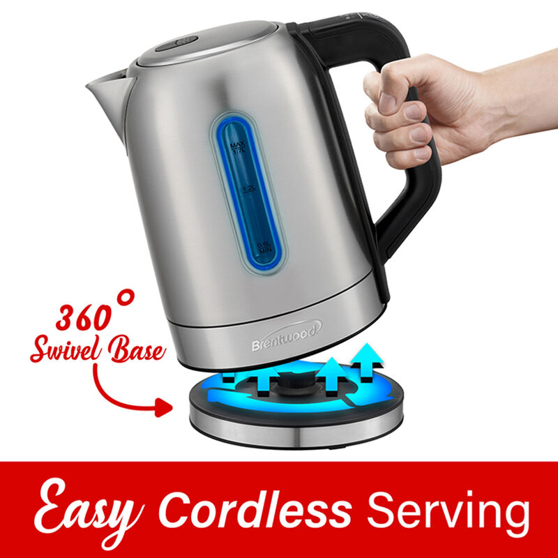Brentwood 1500 Watt Stainless Steel 1.7 Liter Electric Kettle with 5 Temperature Presets in Silver