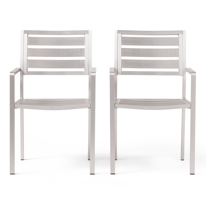Niko Outdoor Dining Chair Set of 2, Open Slat Design, Metal, Silver Finish - Benzara