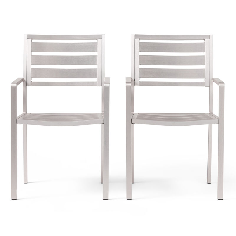 Niko Outdoor Dining Chair Set of 2, Open Slat Design, Metal, Silver Finish - Benzara